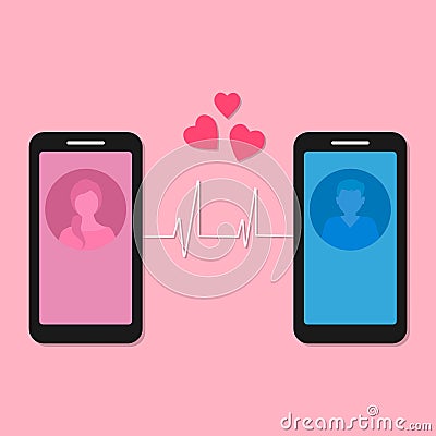 Smartphones with avatars. Dating and online communication. Virtual romantic date. Familiarity with the concept of a smartphone app Stock Photo